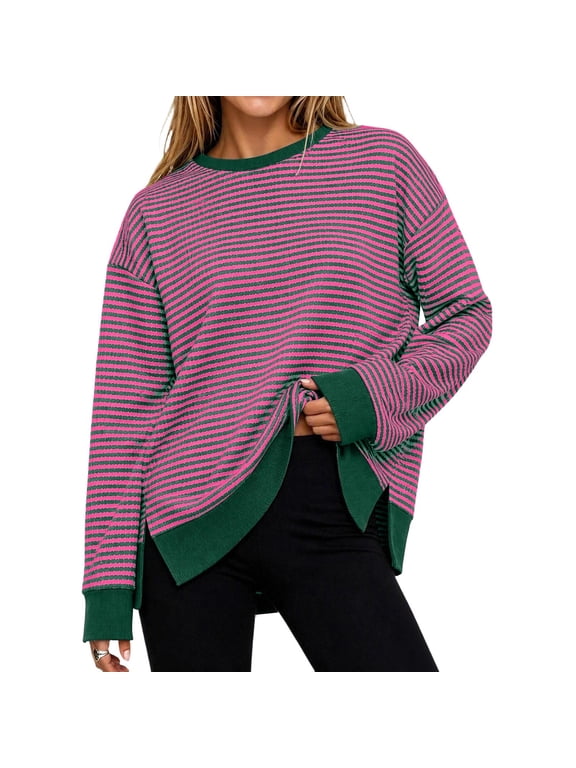 Waffle Knit Pullover for Women Faux Layered Stripe Contrast Hem Side Slits Fall Casual Top