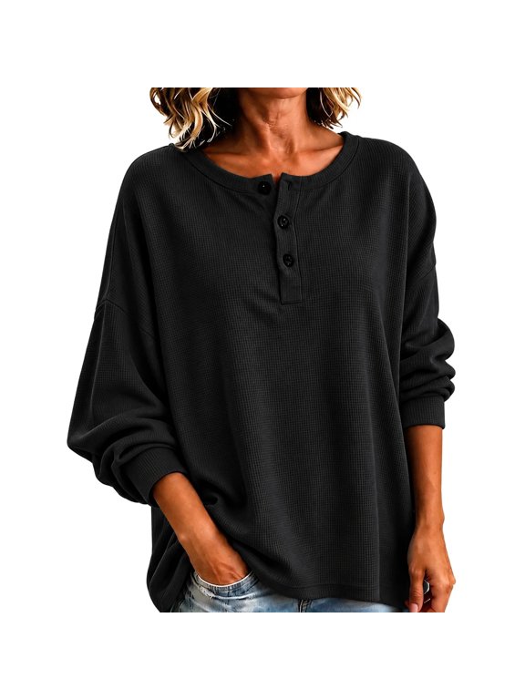 Waffle Knit Pullover for Women Long Sleeve Half Button Crew Neck Loose for Fall