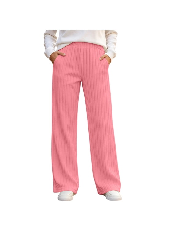 Wide Leg Pants for Women Soft Ribbed Knit Elastic Waist Loose Trousers with Pockets for Casual Wear