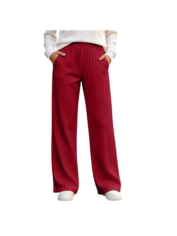 Wide Leg Pants for Women Soft Ribbed Knit Elastic Waist Loose Trousers with Pockets for Casual Wear