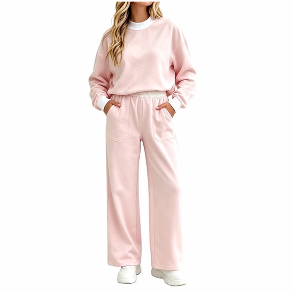 LUVDA Women's 2 Piece Sets Sporty Contrast Trim Outfit Color Block Crew Neck Top Wide Leg Pants