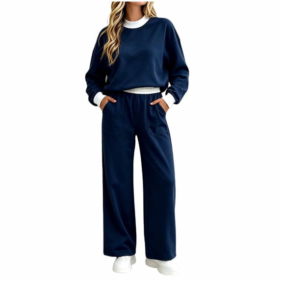LUVDA Women's 2 Piece Sets Sporty Contrast Trim Outfit Color Block Crew Neck Top Wide Leg Pants