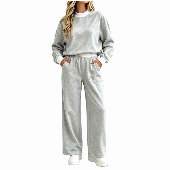 LUVDA Women's 2 Piece Sets Sporty Contrast Trim Outfit Color Block Crew Neck Top Wide Leg Pants