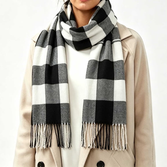 LUVDA Women's Buffalo Check Fringe Scarf Wrap Bold Warm Winter Essential