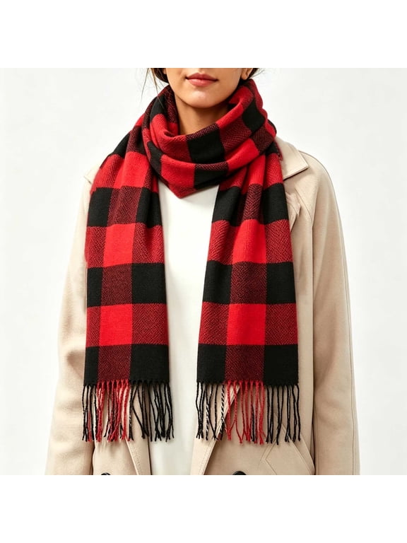 Women's Buffalo Check Fringe Scarf Wrap Bold Warm Winter Essential