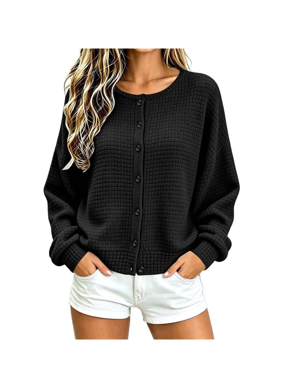 Women's Button Front Waffle Knit Cardigan Side Pockets Ribbed Trim Fall Casual Open Jacket