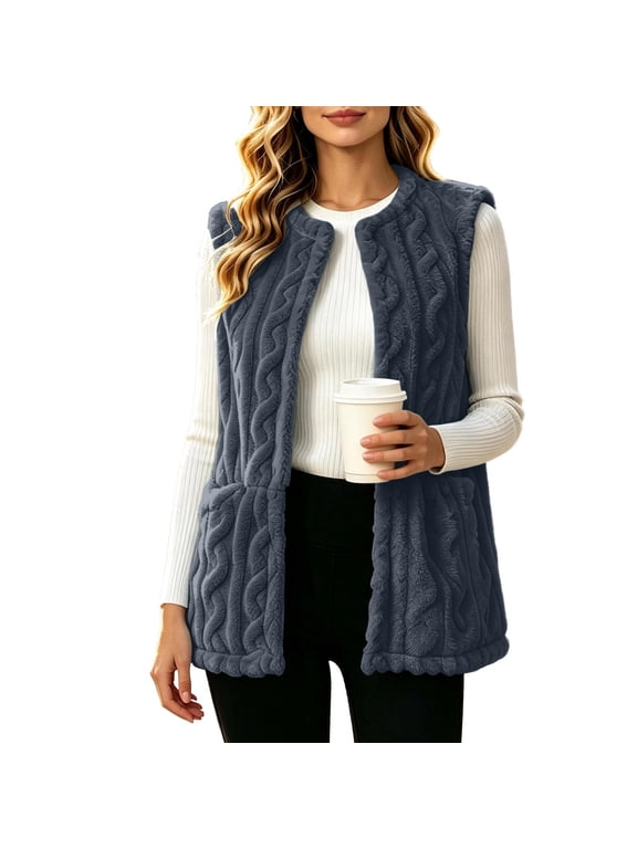 Women's Cable Knit Fleece Vest - Open Front Sleeveless Warm Jacket with Pockets for Casual Fall Winter Layering