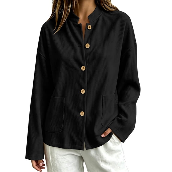 LUVDA Women's Corduroy Button Cardigan Fall Winter Band Collar Patch Pocket Shacket