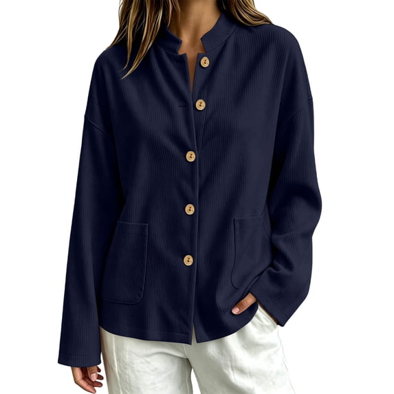 LUVDA Women's Corduroy Button Cardigan Fall Winter Band Collar Patch Pocket Shacket