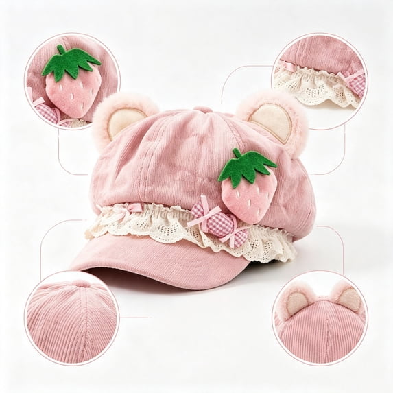 LUVDA Women's Cute Bear Ear Newsboy Cap with Lace Trim and Embroidered Detail for Casual Wear