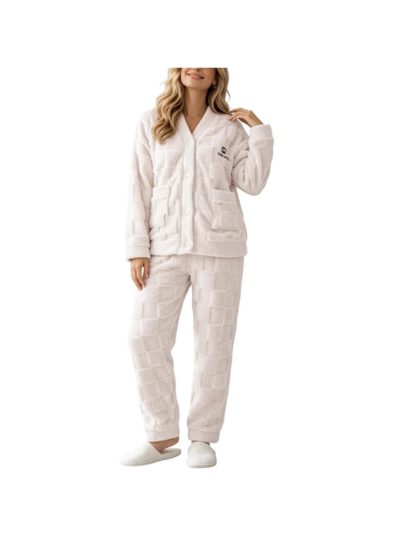 Women's Flannel V Neck Pajama Sets Button Down Plush Sleepwear Fall Winter Loungewear