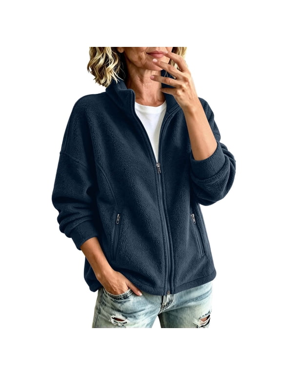 Women's Full Zip Fleece Jacket Stand Collar Zippered Pockets Loose Fit for Fall Winter