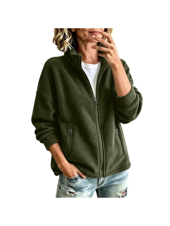 Women's Full Zip Fleece Jacket Stand Collar Zippered Pockets Loose Fit for Fall Winter