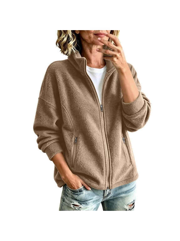 Women's Full Zip Fleece Jacket Stand Collar Zippered Pockets Loose Fit for Fall Winter