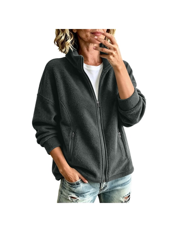 Women's Full Zip Fleece Jacket Stand Collar Zippered Pockets Loose Fit for Fall Winter