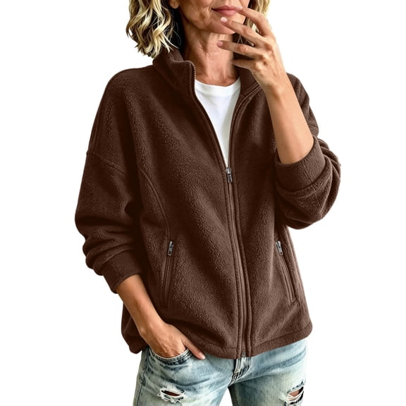 LUVDA Women's Full Zip Fleece Jacket Stand Collar Zippered Pockets Loose Fit for Fall Winter