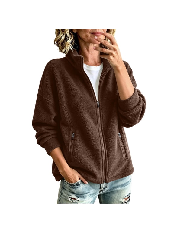 Women's Full Zip Fleece Jacket Stand Collar Zippered Pockets Loose Fit for Fall Winter