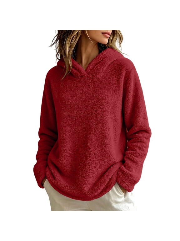 Women's Fuzzy Fleece Pullover Hoodie Soft Warm Sherpa Sweatshirt Long Sleeve Casual Winter Top