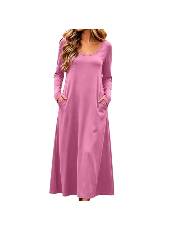 Women's Knit Long Sleeve Maxi Dress U Neck Loose A Line Pocket Casual Fall Winter