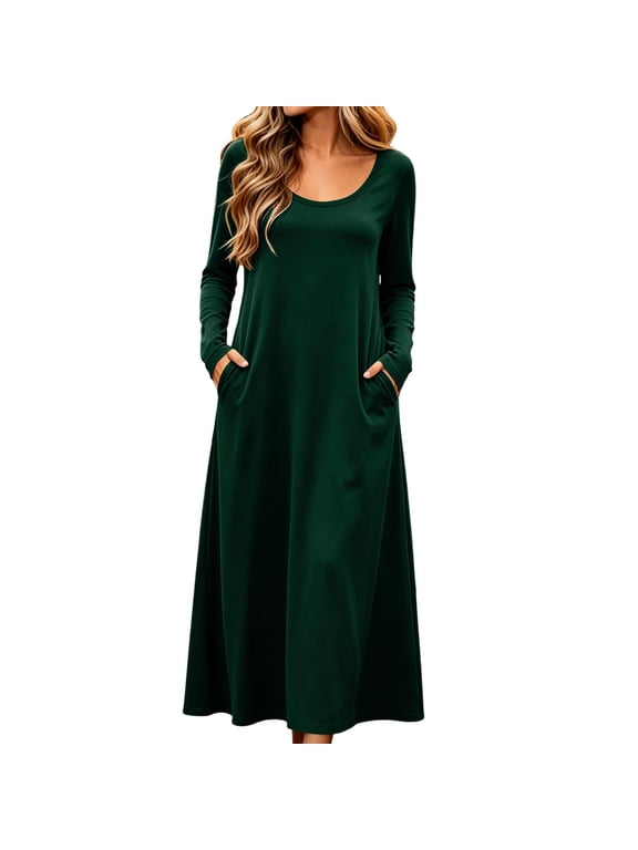 Women's Knit Long Sleeve Maxi Dress U Neck Loose A Line Pocket Casual Fall Winter