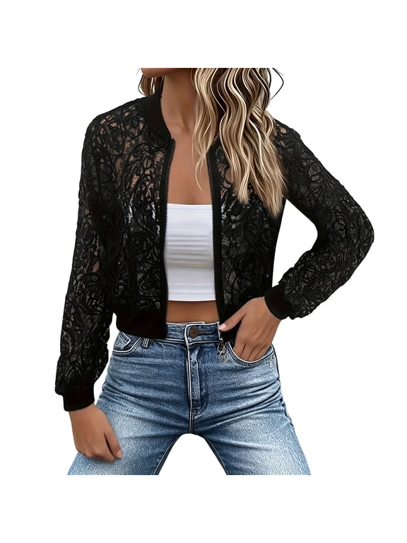 Women's Lace Crochet Zip Up Cardigan Sheer Floral Knit Cropped Cover Up