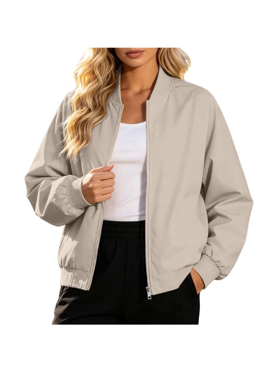 Women's Lightweight Nylon Zip Bomber Jacket Stand Collar Packable Fall Outerwear