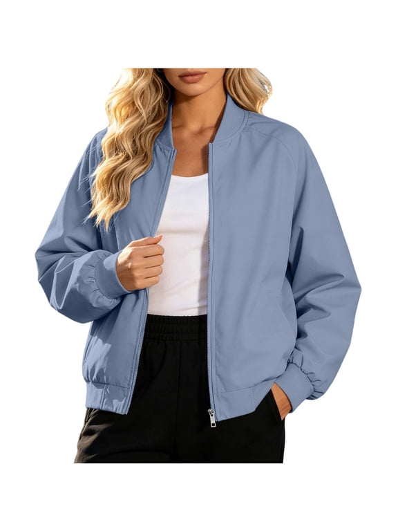 Women's Lightweight Nylon Zip Bomber Jacket Stand Collar Packable Fall Outerwear