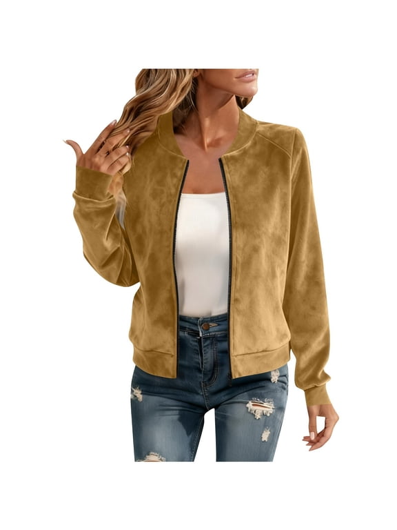 Women's Minimalist Suede Feel Zip Bomber Jacket Stand Collar Lightweight Fall Outerwear