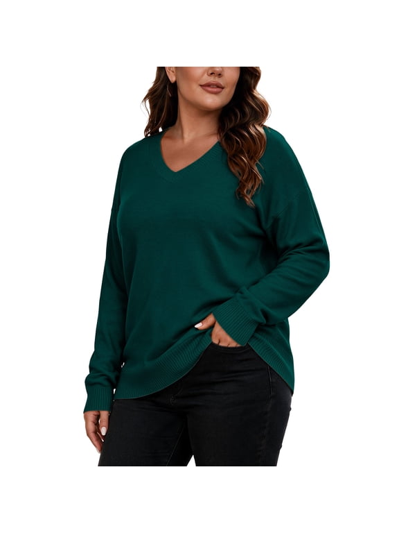 Women's Plus Size Knit Sweaters Long Sleeve V Neck Pullover Loose for Fall Winter