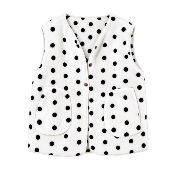 LUVDA Women's Polka Dot Plush Vest V Neck Button Sleeveless Loose Cropped for Winter