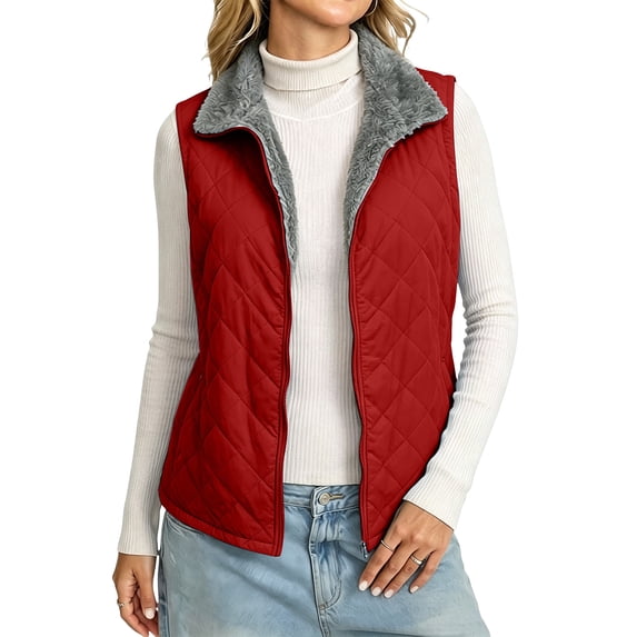 LUVDA Women's Quilted Puffer Vest with Fleece Collar - Sleeveless Zip Up Warm Jacket for Casual Fall Winter Layering