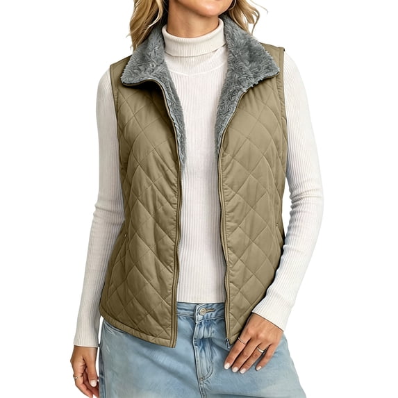 LUVDA Women's Quilted Puffer Vest with Fleece Collar - Sleeveless Zip Up Warm Jacket for Casual Fall Winter Layering