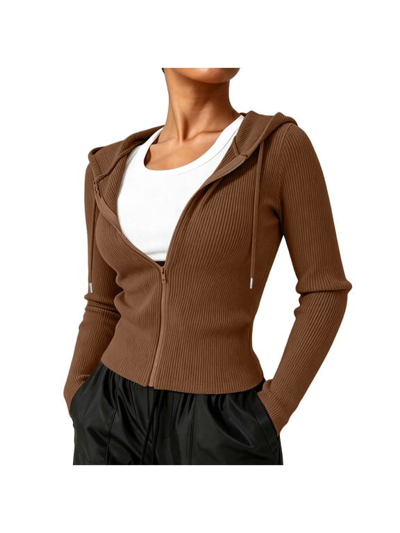 Women's Ribbed Knit Zip Up Caot Winter Slim Fit Drawstring Hooded Jacket