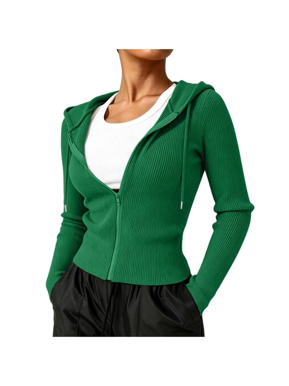 Women's Ribbed Knit Zip Up Caot Winter Slim Fit Drawstring Hooded Jacket