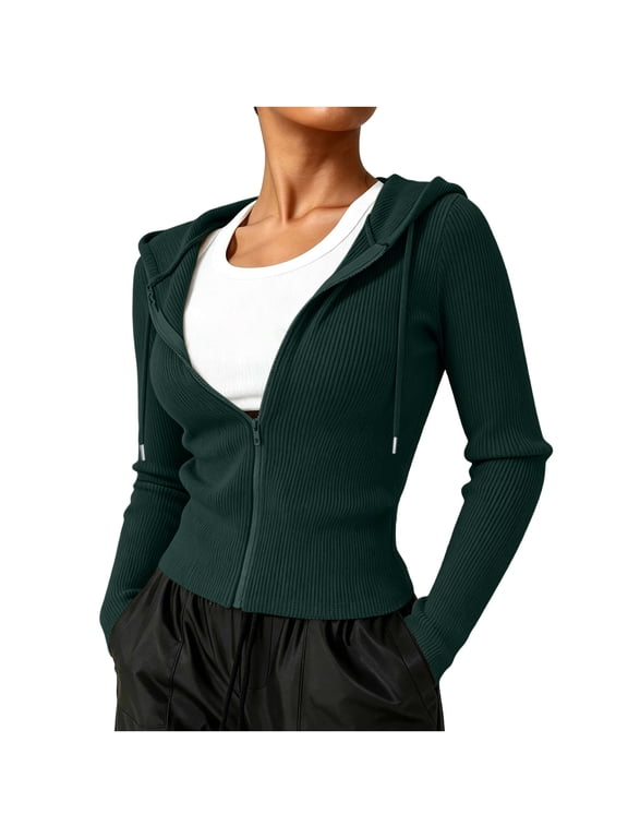 Women's Ribbed Knit Zip Up Caot Winter Slim Fit Drawstring Hooded Jacket