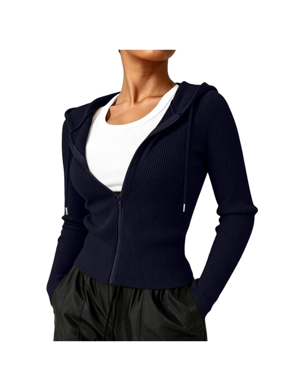 Women's Ribbed Knit Zip Up Caot Winter Slim Fit Drawstring Hooded Jacket