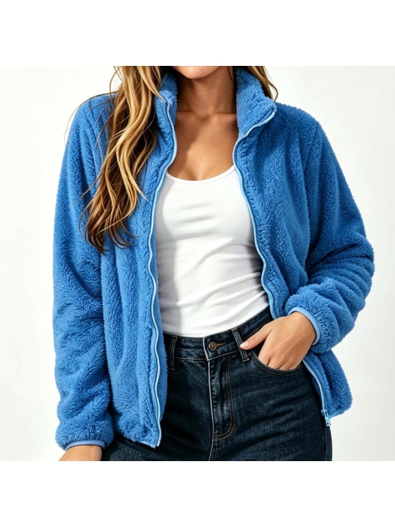 Women's Sherpa Fleece Zip Up Jacket Stand Collar Warm Plush Winter Coat Outerwear