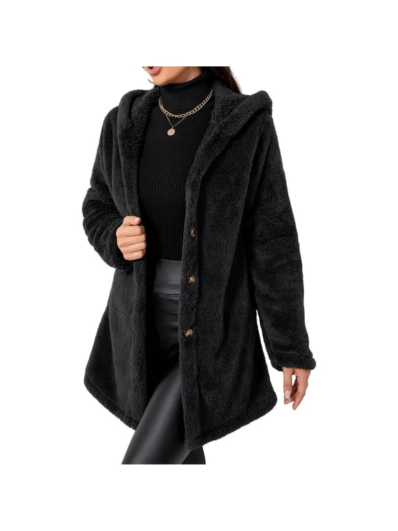 Women's Sherpa Long Sleeve Hooded Button Front Jacket Loose for Fall Winter