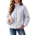 thumbnail image 1 of LUVDA Women's Stripe Fleece Jacket Full Zip Stand Collar Cozy Casual Fall Winter, 1 of 9