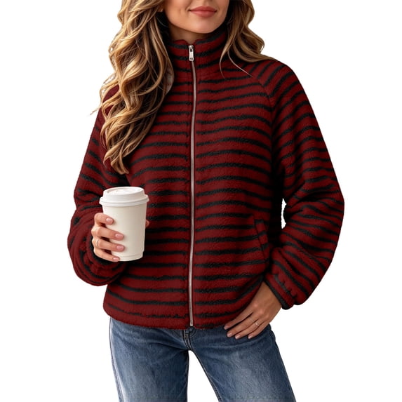 LUVDA Women's Stripe Fleece Jacket Full Zip Stand Collar Cozy Casual Fall Winter