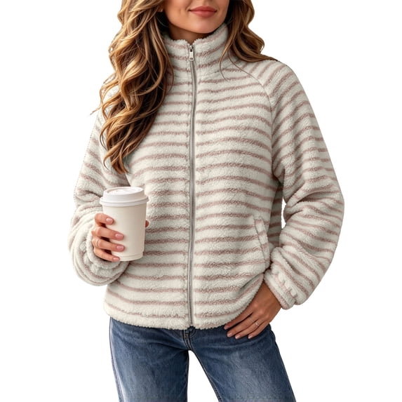 LUVDA Women's Stripe Fleece Jacket Full Zip Stand Collar Cozy Casual Fall Winter