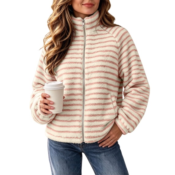 LUVDA Women's Stripe Fleece Jacket Full Zip Stand Collar Cozy Casual Fall Winter