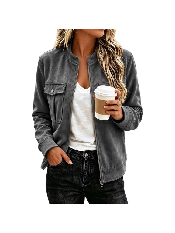 Women's Suede Bomber Jacket Long Sleeve Stand Collar Casual for Fall Winter