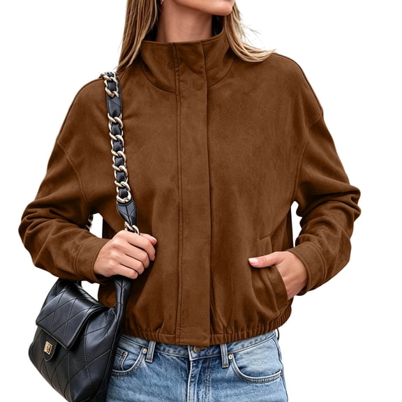 LUVDA Women's Suede Jacket Lapel Button Zip Drawstring Waist Casual Fall Winter