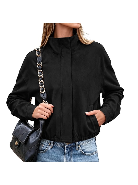 Women's Suede Jacket Lapel Button Zip Drawstring Waist Casual Fall Winter