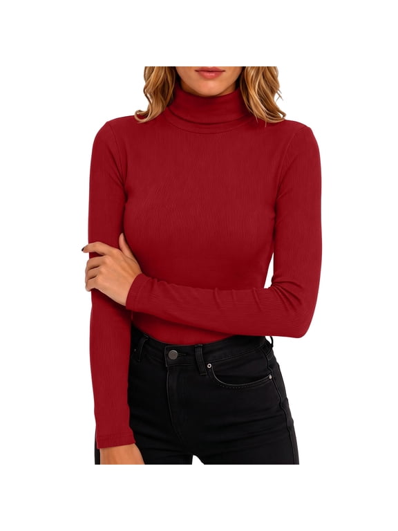 Women's Turtleneck Ribbed Knit Base Layer Slim Fit Waist Cinching Fall Long Sleeve Top