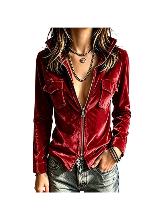 Women's Velvet Zip Up Jacket with Flap Pockets Collared Retro Fit Fashion Outerwear