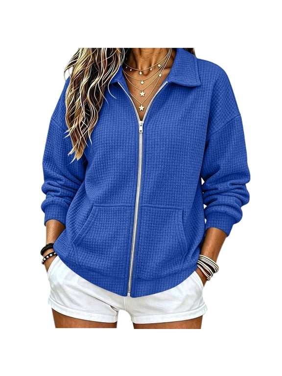 Women's Waffle Knit Zip Up Jacket with Large Pockets Long Sleeve Collared Fall Outerwear