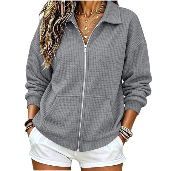 LUVDA Women's Waffle Knit Zip Up Jacket with Large Pockets Long Sleeve Collared Fall Outerwear