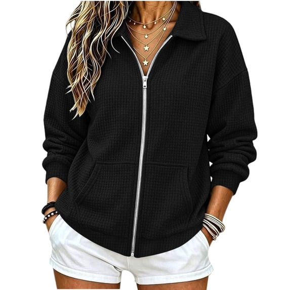 LUVDA Women's Waffle Knit Zip Up Jacket with Large Pockets Long Sleeve Collared Fall Outerwear